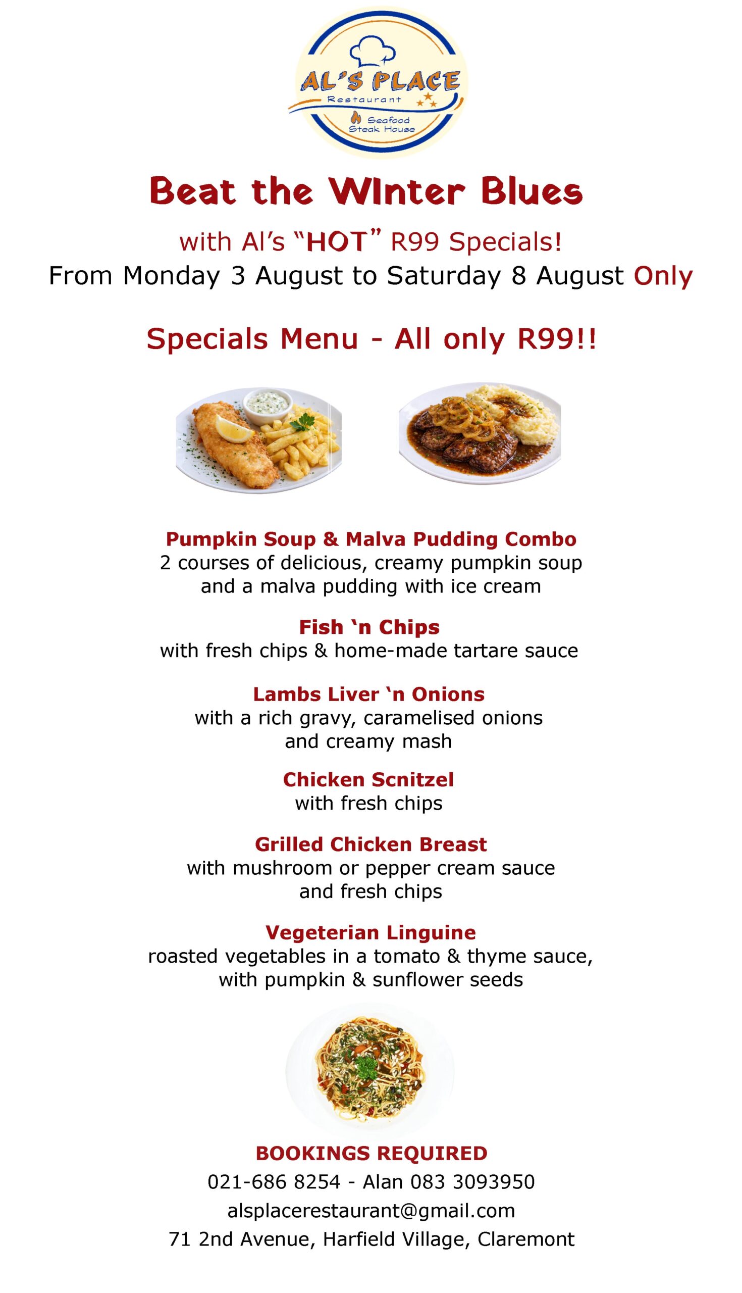 whatsapp Mon 3 - Sat 8 Aug specials